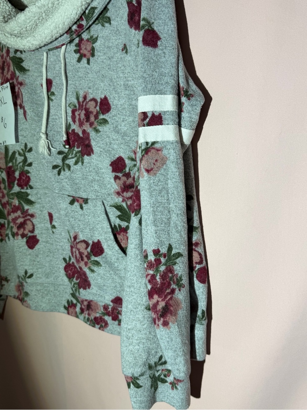 Ultra Flirt Gray Floral Sherpa-Lined Hoodie with Pink Roses